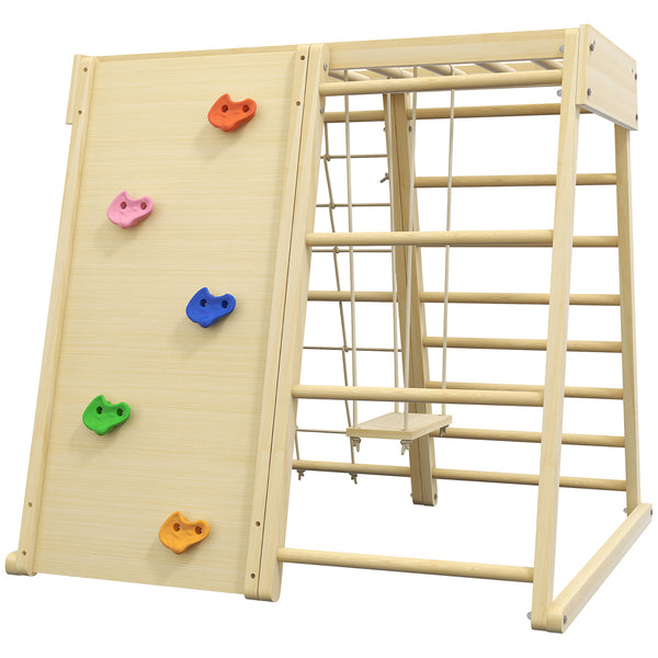 English Elm Qaba Wooden Indoor Jungle Gym 5-in-1 for Toddlers, Climbing Wall, Monkey Bars, Rope Ladder, Swing, Safe Playset 3+ W2225P229571