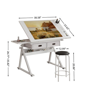 English Elm Adjustable Drafting Desk with Tilting Mdf Top Two Drawers and Stool for Home Studio W347P442069