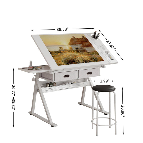 English Elm Adjustable Drafting Desk with Tilting Mdf Top Two Drawers and Stool for Home Studio W347P442069