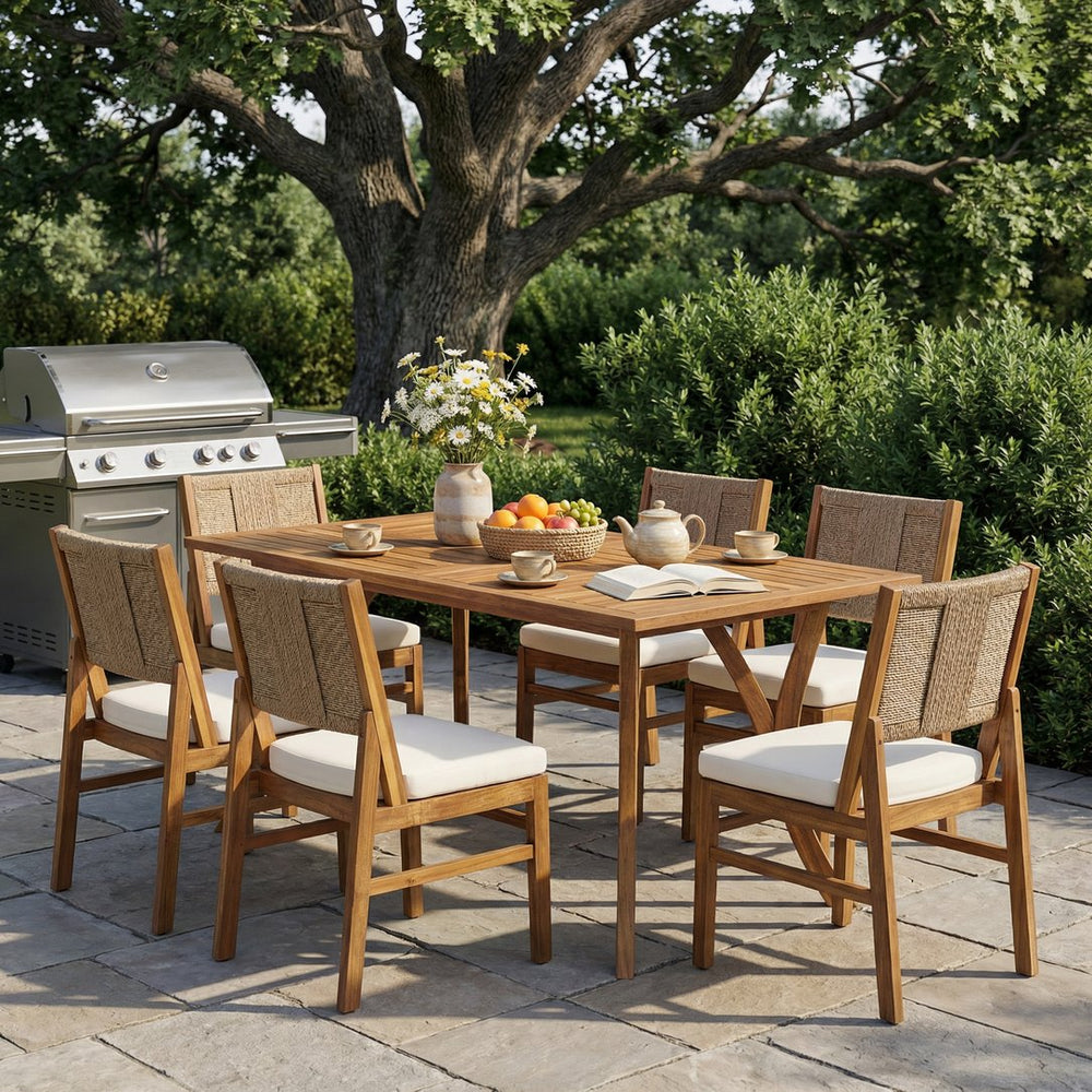English Elm Outdoor Acacia Wood 7 Piece Dining Set with Wicker Chairs and Weather Cushions N773OD00087B