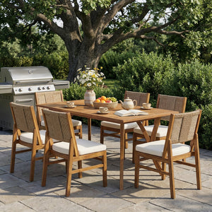 English Elm Outdoor Acacia Wood 7 Piece Dining Set with Wicker Chairs and Weather Cushions N773OD00087B