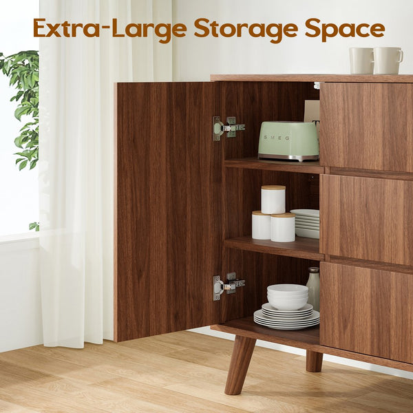 English Elm Farmhouse Buffet Cabinet with Pop-Up Doors and 3 Drawers — Rustic 55.5" Sideboard for Dining Room Walnut T3623P408446