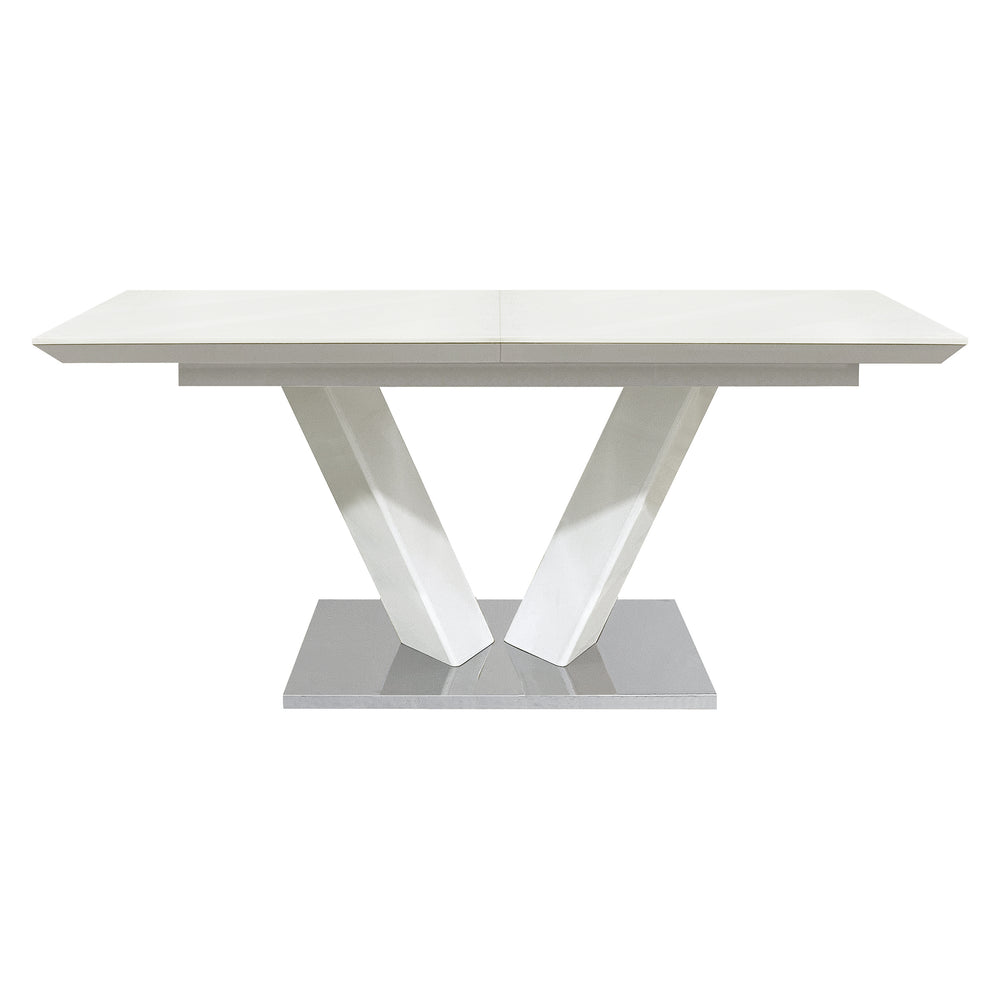 English Elm Sleek Extendable Dining Table White Lacquer Top Chrome Base Seats Six Modern Room B011S01211