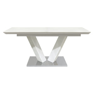 English Elm Sleek Extendable Dining Table White Lacquer Top Chrome Base Seats Six Modern Room B011S01211