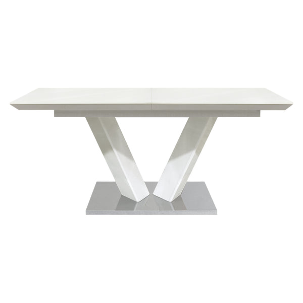 English Elm Sleek Extendable Dining Table White Lacquer Top Chrome Base Seats Six Modern Room B011S01211