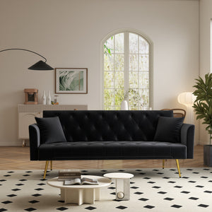 English Elm Modern Tufted Velvet Sleeper Sofa Retro Style Convertible Fold Flat for Compact Spaces Black W2353P399458