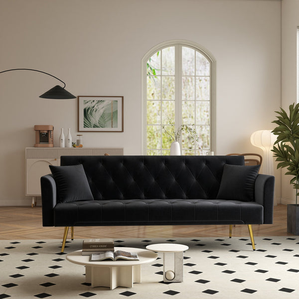 English Elm Modern Tufted Velvet Sleeper Sofa Retro Style Convertible Fold Flat for Compact Spaces Black W2353P399458