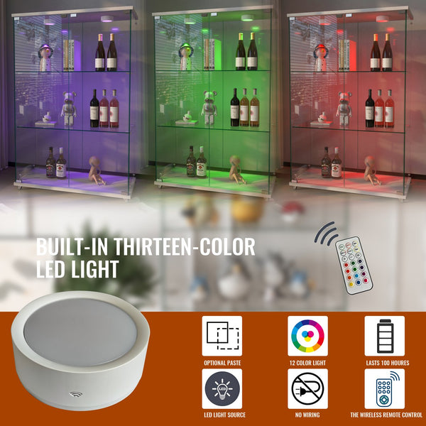English Elm Modern Tempered Glass Display Cabinet with Led Lighting 3 Shelf 2 Door Living Room W241P400849