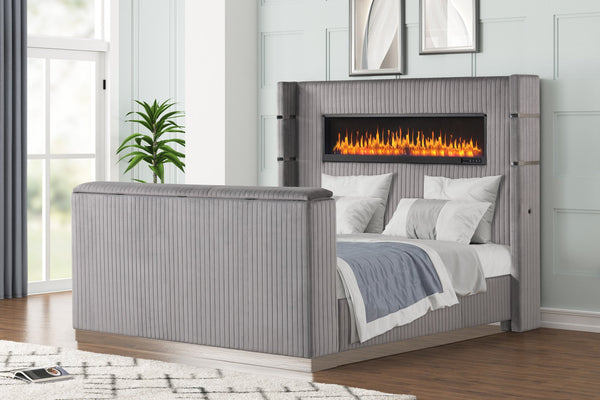 English Elm Lavish Queen Bed With Fireplace Headboard & Tv Stand Footboard – Modern Grey Upholstered Design B009S01417