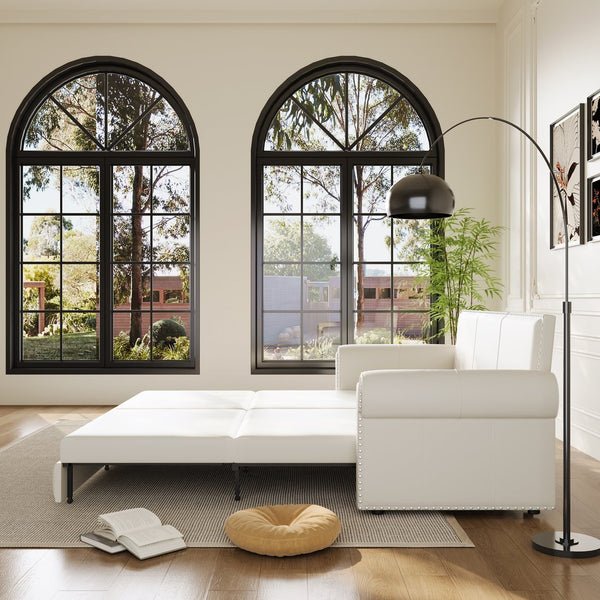 English Elm Chesterfield Sofa, 93.7" 3-In-1 Faux Leather Convertible Sleeper Bed With Nailhead Trim & Pillows W1885S00103