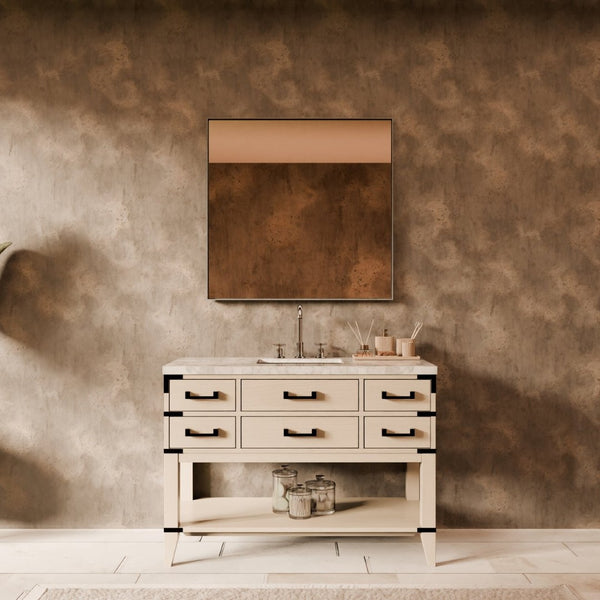 English Elm White Oak Single Bath Vanity 48" W With Carrara Marble Top & Chrome Faucet – Elegant Storage Solution B2731P260242-GIGA