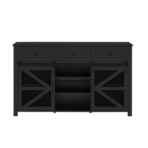English Elm U_style Industrial Sideboard with Sliding Barn Doors Iron Mesh Panels and Three Drawers Black N711P347384B