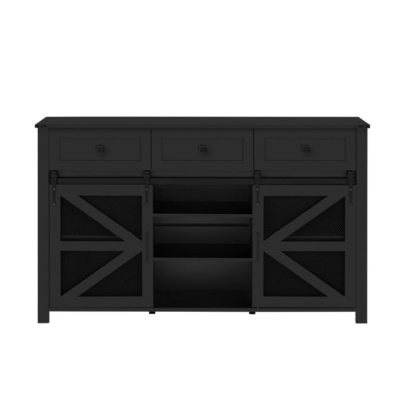 English Elm U_style Industrial Sideboard with Sliding Barn Doors Iron Mesh Panels and Three Drawers Black N711P347384B