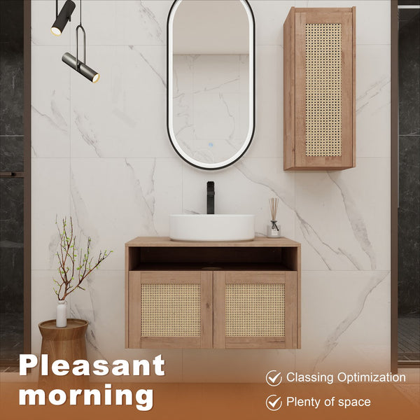 English Elm 30" Wall Mounted Bathroom Vanity Oak Finish Ceramic Art Sink Soft Close Storage W999S00495