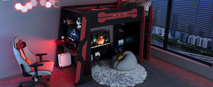 English Elm Twin Gaming Loft Bed with Desk Rgb Lighting and Multi-tier Shelves for Teen Rooms Red LT000160AAR