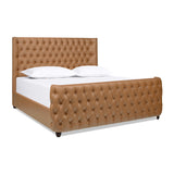 English Elm Brooklyn King Tufted Panel Bed Headboard and Footboard Set, Caramel Tan Brown Faux Leather