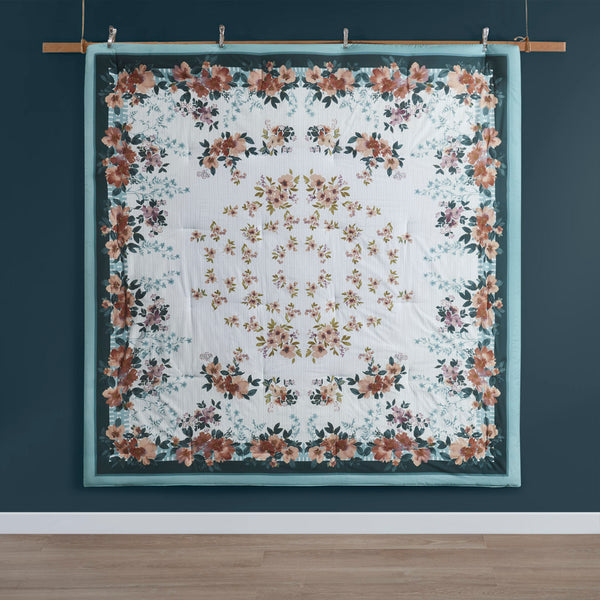 JLA Home Madison Park - 5 Floral Cotton Comforter Set with Decorative Pillows — Shabby-Chic Teal Garden Print, OEKO-TEX Certified, Machine Washable 90 L x 90 W x 1.5H MP10-8207