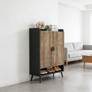 English Elm Rustic Seven Tier Shoe Cabinet with Swing Doors Adjustable Entryway Organizer Black,Rustic Brown T3971P448681