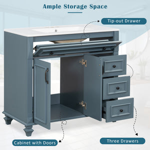 English Elm 36" Modern Bathroom Vanity with Ceramic Sink, Gold Handles, Flip-Out Drawer & Soft-Close Doors Blue Gray N725P283623C