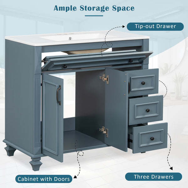 English Elm 36" Modern Bathroom Vanity with Ceramic Sink, Gold Handles, Flip-Out Drawer & Soft-Close Doors Blue Gray N725P283623C