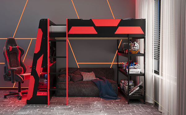 English Elm Full Size Gaming Loft Bed with Led Lighting Desk Shelves and Usb Charging Ports Black+Red N820S00076J