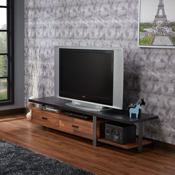 English Elm Elling Walnut & Black TV Stand with Drawers and Open Shelves, Industrial Metal Legs, 55" Ready B2726P256218