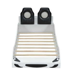 English Elm Wood Twin Race Car Platform Bed with LED Lighting, Upholstered Headrest, Sturdy Pine Build White GX002218AAK