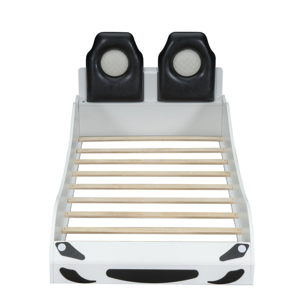 English Elm Wood Twin Race Car Platform Bed with LED Lighting, Upholstered Headrest, Sturdy Pine Build White GX002218AAK