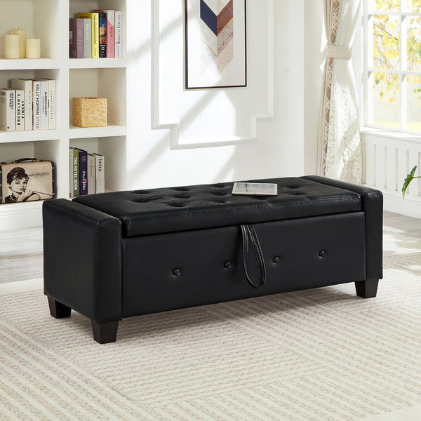 English Elm 48" Storage Ottoman Bench with Tufted Faux Leather Upholstery, Solid Wood Frame & 300lb Capacity Black W1097P338776