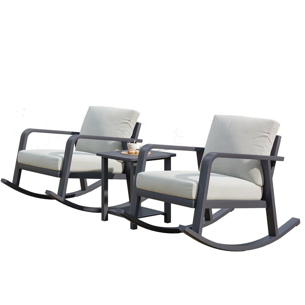 English Elm Fr Outdoor Aluminum Rocking Set with Two Chairs and Two Tier Patio Coffee Table T5925P494046