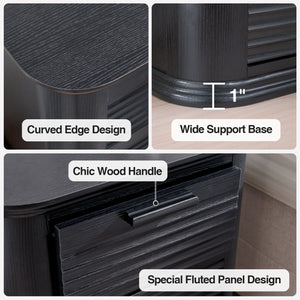 English Elm 22" Fluted Wood Nightstand with Built-in Charging Station Three Drawer Bedside Storage Black Woodgrain T5326P431147