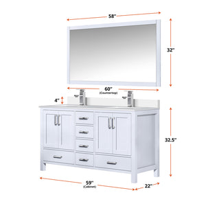 English Elm White Double Bath Vanity 60 in with Cultured Marble Top, Chrome Faucet, 58 in Mirror, Scratch-Resistant Finish B2731S01018