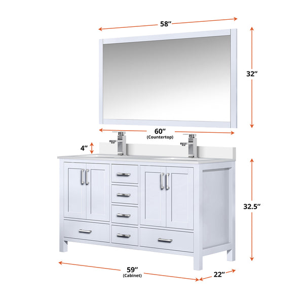 English Elm White Double Bath Vanity 60 in with Cultured Marble Top, Chrome Faucet, 58 in Mirror, Scratch-Resistant Finish B2731S01018