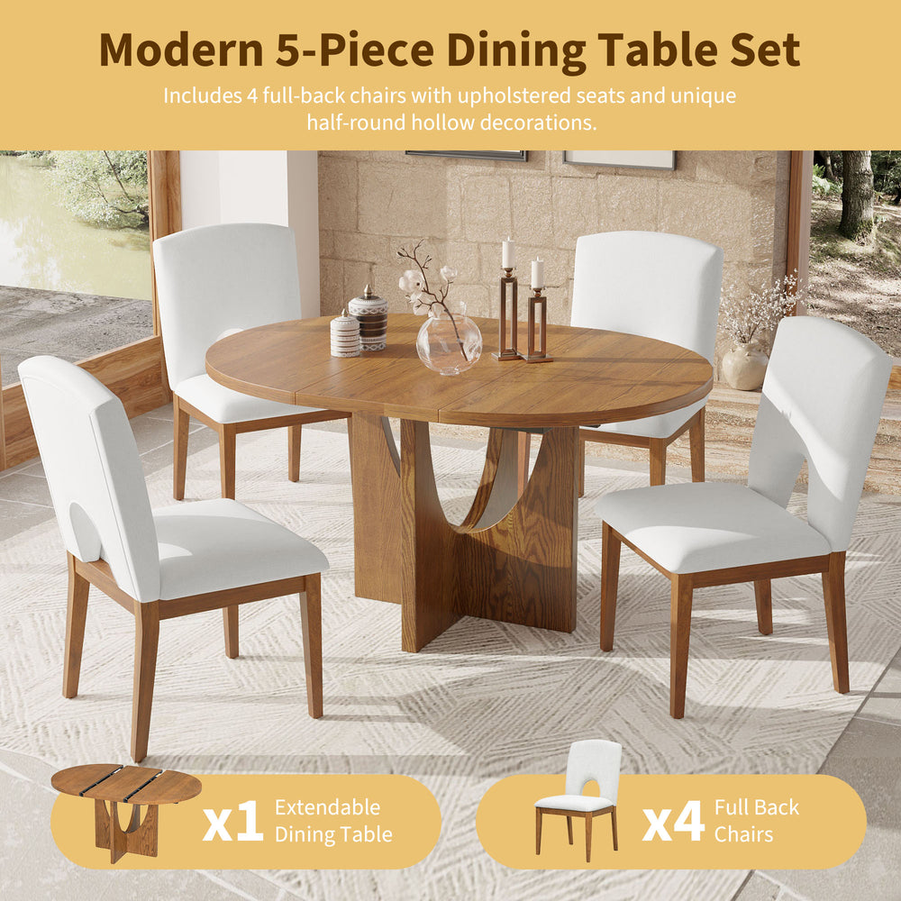 English Elm Topmax Extendable Round Dining Set with Linen Chairs and Pedestal Base Seats Five Walnut N717S000062D