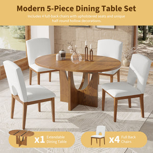 English Elm Topmax Extendable Round Dining Set with Linen Chairs and Pedestal Base Seats Five Walnut N717S000062D