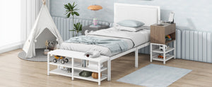 English Elm Twin Metal Platform Bed With Cushioned Footrest, Two-Tier Shelves & Wooden Storage Cabinet, White N737P199330K-GIGA
