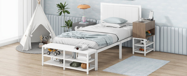 English Elm Twin Metal Platform Bed With Cushioned Footrest, Two-Tier Shelves & Wooden Storage Cabinet, White N737P199330K-GIGA