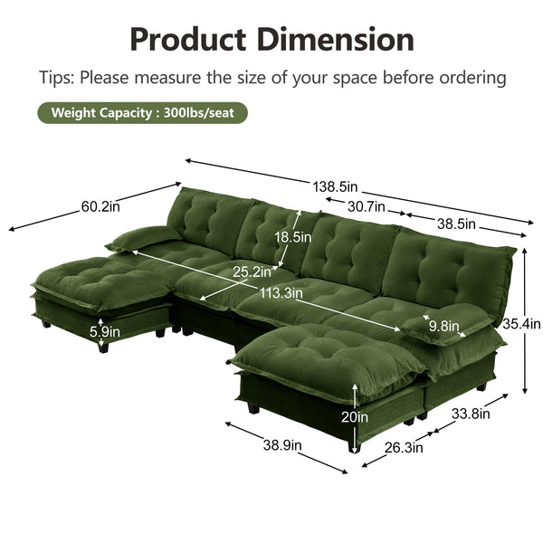 English Elm 138" U-shaped Chenille Cloud Sectional with Ottomans Deep Seat Modular Living Room Sofa Green W714S01733