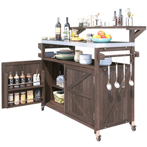 English Elm K&K 53.3" Outdoor Kitchen Island with 1.2" Stainless Top, Spacious Storage, Raised Shelf, Wheels Brown N707P250628Z