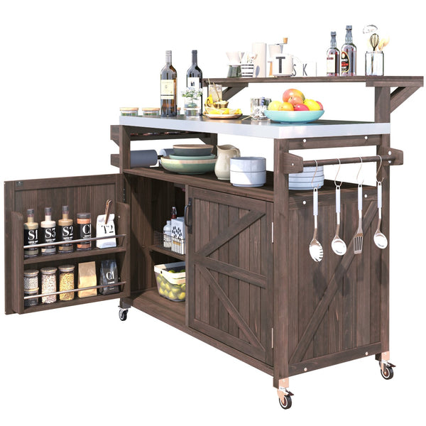 English Elm K&K 53.3" Outdoor Kitchen Island with 1.2" Stainless Top, Spacious Storage, Raised Shelf, Wheels Brown N707P250628Z