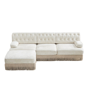 English Elm 3-seater Velvet Modular Sectional Sofa with Button Tufting Tassel Skirt Living Room Beige W714S01686