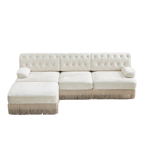 English Elm 3-seater Velvet Modular Sectional Sofa with Button Tufting Tassel Skirt Living Room Beige W714S01686
