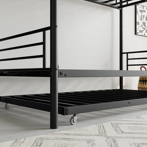 English Elm Twin Twin Bunk Bed with Trundle, Metal Frame Twin-Over-Twin Space-Saving Bunkbeds w/ Ladder & Guardrail W840P196829