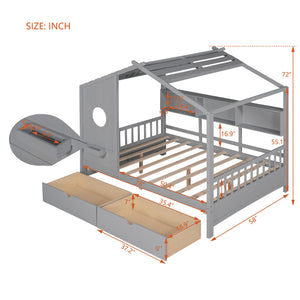 English Elm Wooden Full Size House Bed with Roof and Built-In Shelf, 2 Underbed Drawers, Sturdy Pine Frame 78" L Gray 57 L x 18.2 W x 6 H N733S308487E