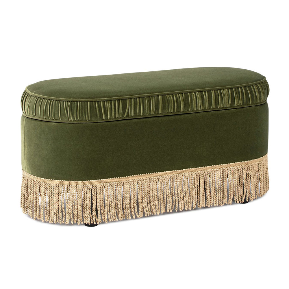 English Elm Jennifer Taylor Home - Serena 38" Oval Storage Bench Ottoman with Velvet Ruched Trim and Fringe Tassels, Spacious Seat Olive Green B2719P238474