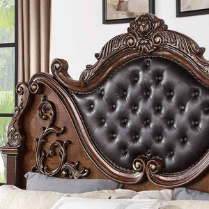 English Elm Luxurious Tufted Leatherette California King Bed Baroque Carved Wood Formal Bedroom B2741S00812