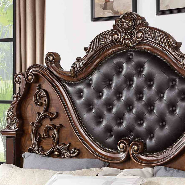 English Elm Luxurious Tufted Leatherette California King Bed Baroque Carved Wood Formal Bedroom B2741S00812