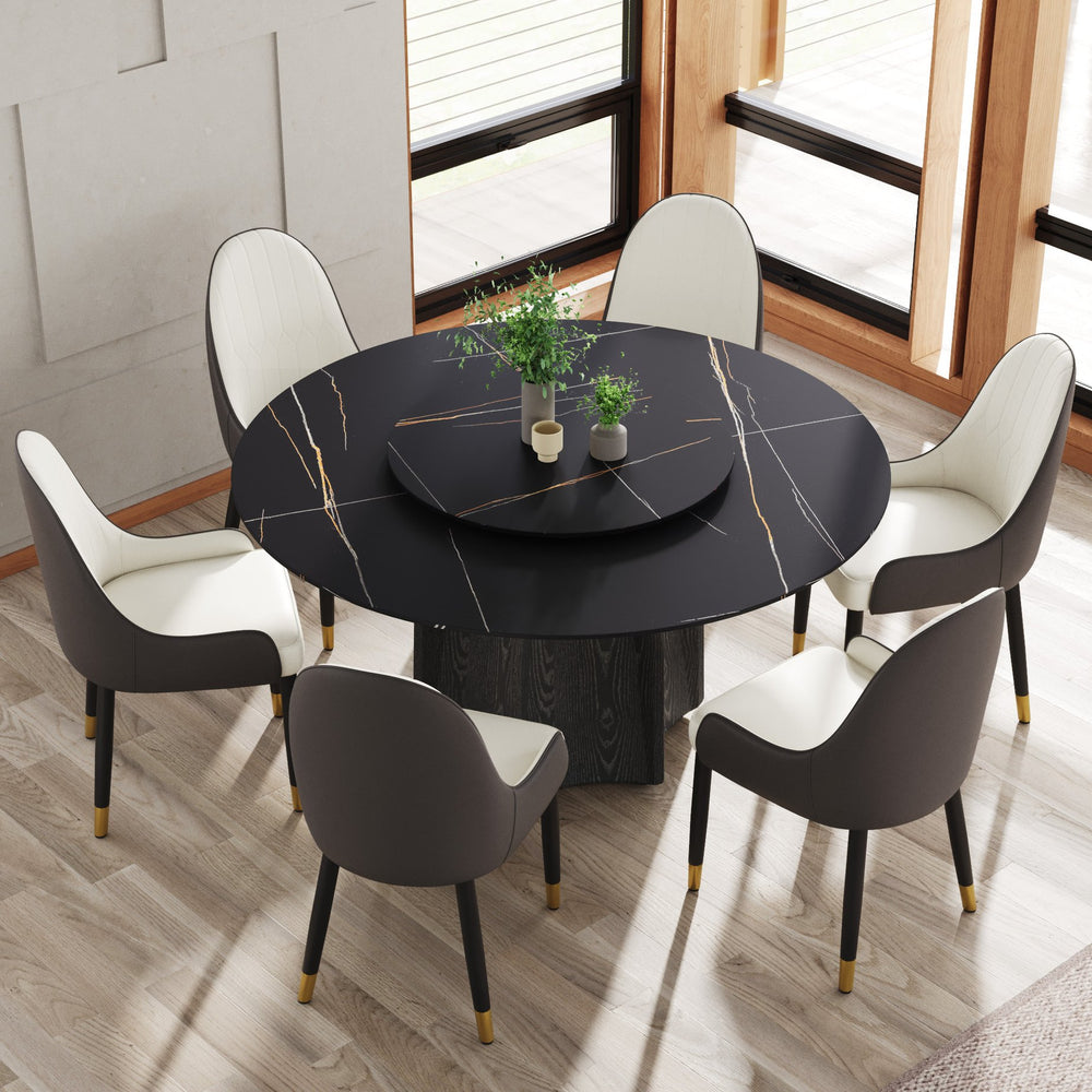 English Elm 59.05" Round Marble Dining Table With Black Oak Base, 31.5" Turntable For Stylish Entertaining Up To 8 W1535S00382