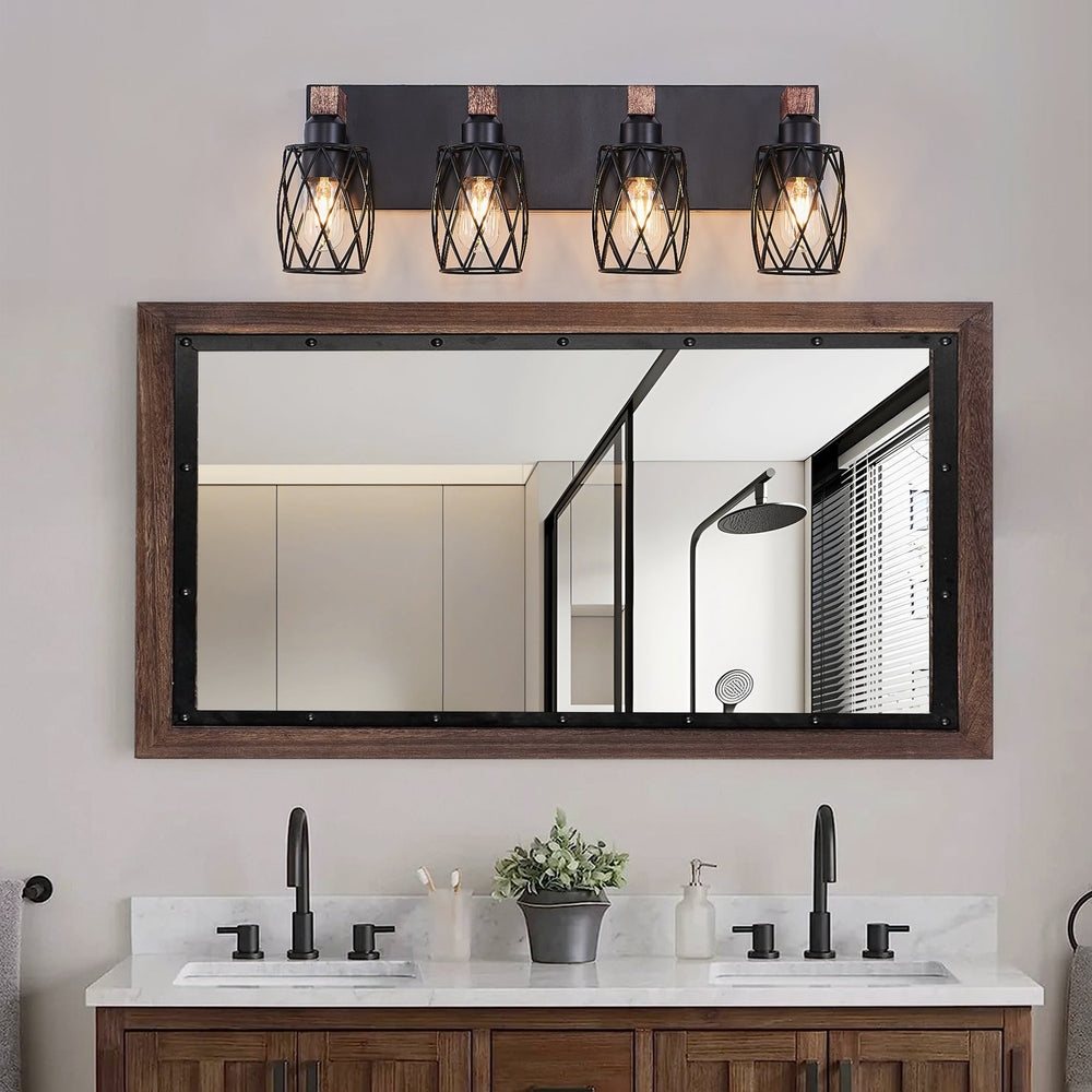 English Elm 24" Industrial Vintage 4-Light Wall Sconce with Black Iron Cage and Walnut Wood Accents for Bathroom W2312P374838