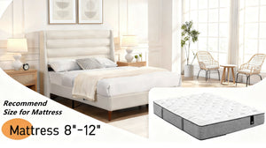 English Elm Queen Chenille Platform Bed with Wave Headboard, Noise-Free EVA Foam, Solid Wood, Ivory Finish W1716P362409
